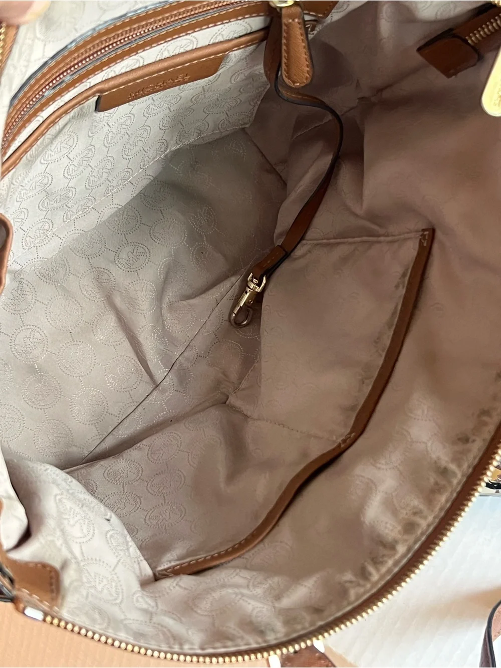 Michael Kors Brown Leather Saffiano Tote with Gold Logo Charm
